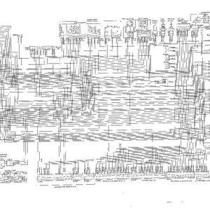 May include: A detailed black and white schematic diagram, likely an electrical or mechanical blueprint. The diagram features numerous lines, symbols, and labels, creating a complex and intricate design. The overall layout is rectangular, with various sections and annotations.