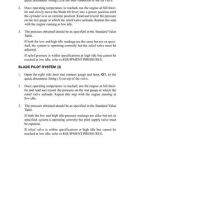 K&ouml;nnte beinhalten: Eine wei&szlig;e Seite mit schwarzem Text, der Anweisungen zur Fehlersuche und Einstellung eines Messersystem und eines Messersteuersystems enth&auml;lt. Das Dokument tr&auml;gt die Bezeichnung "TESTING, ADJUSTING AND TROUBLESHOOTING" und "WORK EQUIPMENT".