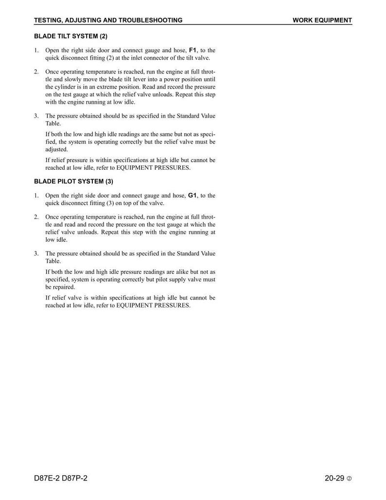 K&ouml;nnte beinhalten: Eine wei&szlig;e Seite mit schwarzem Text, der Anweisungen zur Fehlersuche und Einstellung eines Messersystem und eines Messersteuersystems enth&auml;lt. Das Dokument tr&auml;gt die Bezeichnung "TESTING, ADJUSTING AND TROUBLESHOOTING" und "WORK EQUIPMENT".