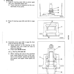 May include: Technical diagram detailing the assembly of a differential, showing the fitting of pinion gear and bearing cups. Includes part labels and instructions for press fitting. Text indicates a press load of 49 KN (5 tonnes).