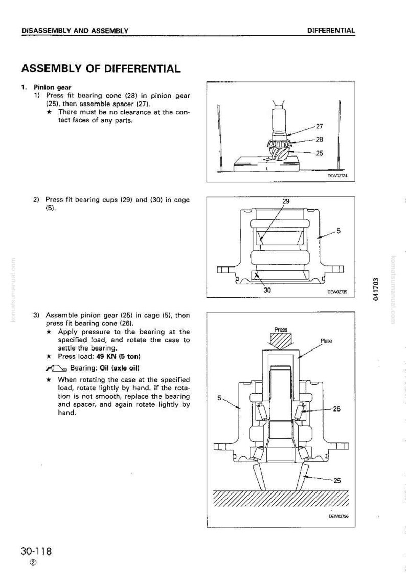 May include: Technical diagram detailing the assembly of a differential, showing the fitting of pinion gear and bearing cups. Includes part labels and instructions for press fitting. Text indicates a press load of 49 KN (5 tonnes).