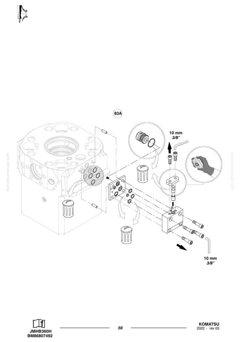 May include: An exploded diagram of a mechanical component, likely for machinery repair or maintenance. The image includes various parts, measurements of 10 mm (3/8 in), and the Komatsu logo. Text includes "JMHB360H" and "BM86807492".