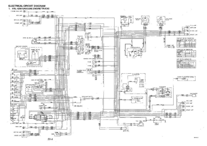 Puede incluir: Diagrama de circuito el&eacute;ctrico para camiones con motor de gasolina H16, H20. El diagrama es un esquema detallado con numerosas l&iacute;neas, s&iacute;mbolos y etiquetas de texto. El diagrama est&aacute; impreso sobre un fondo blanco.