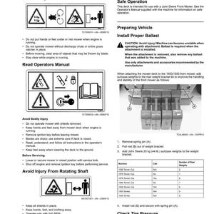 May include: A safety manual page with warnings about mower operation. Includes diagrams and instructions for safe use, such as avoiding rotating blades and thrown objects. Features text and illustrations.