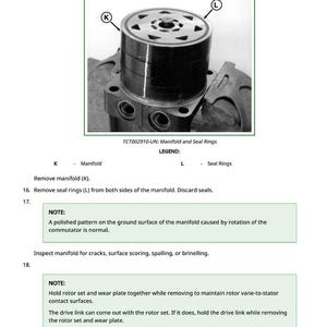 May include: A detailed diagram of an engine manifold and seal rings, with labels and instructions for maintenance. The image shows a cylindrical component with multiple parts, and the text "TCT002910-UN: Manifold and Seal Rings" is visible.