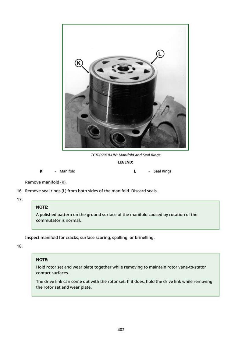 May include: A detailed diagram of an engine manifold and seal rings, with labels and instructions for maintenance. The image shows a cylindrical component with multiple parts, and the text "TCT002910-UN: Manifold and Seal Rings" is visible.