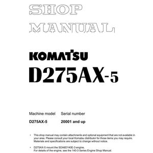 Puede incluir: Un manual de taller blanco con el texto "SHOP MANUAL" en la parte superior. El logotipo de Komatsu y "D275AX-5" se muestran de forma destacada. El manual incluye informaci&oacute;n sobre el modelo de m&aacute;quina y el n&uacute;mero de serie.