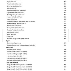 May include: A page from a manual with a list of tests and adjustments for a vehicle. The text includes tests for switches, relays, and circuits, along with page numbers. The document is printed on white paper.