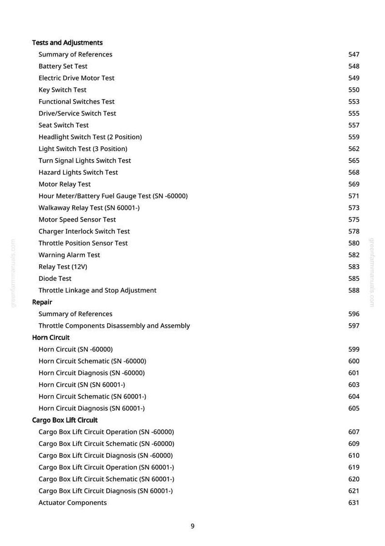 May include: A page from a manual with a list of tests and adjustments for a vehicle. The text includes tests for switches, relays, and circuits, along with page numbers. The document is printed on white paper.
