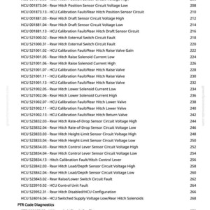 May include: A manual page detailing diagnostic codes for a vehicle's rear hitch system. The list includes codes for sensor voltages, calibration faults, and solenoid currents, providing technical information.