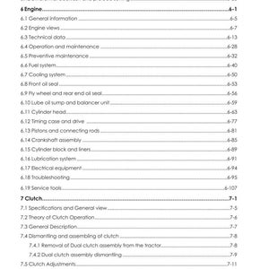 May include: A page from a manual for a Discovery II tractor, with a table of contents. The text includes sections on the engine, clutch, and other mechanical components. The document is labeled with the Argo Tractors logo.