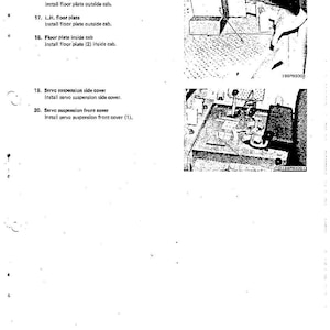 May include: A black and white technical diagram with text detailing disassembly and assembly instructions for a ROPS cab. Includes illustrations and numbered steps for floor plates and servo suspension components.