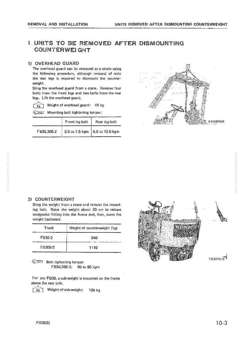 Pu&ograve; includere: Diagramma tecnico con istruzioni per la rimozione di un contrappeso e di una protezione superiore. Include diagrammi di macchinari e specifiche per la coppia di serraggio dei bulloni e il peso in chilogrammi. Il testo include i numeri di modello FB30-2 e FB30S-2.