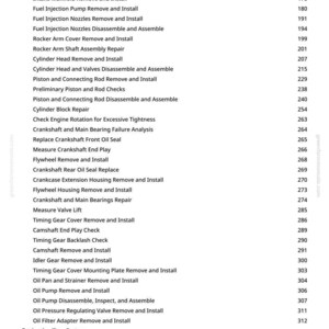 Pode incluir: Uma p&aacute;gina do manual greenfarmmanuals.com, listando procedimentos de reparo automotivo. Os procedimentos incluem a remo&ccedil;&atilde;o e instala&ccedil;&atilde;o de v&aacute;rios componentes do motor, como o silencioso, o termostato e os injetores de combust&iacute;vel. Os n&uacute;meros das p&aacute;ginas s&atilde;o listados.