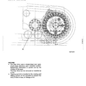 May include: Technical diagram of a final drive assembly, featuring gears, sprockets, and mechanical components. The diagram includes the text "FINAL DRIVE" and model numbers. The image is a detailed technical illustration.