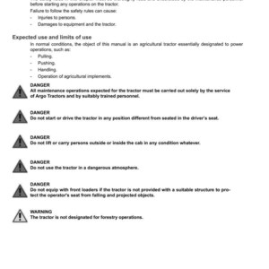 May include: A white document with the title "TECHNICAL NOTES" and the Argo Tractors logo. The document contains safety instructions and warnings for tractor operation, including dangers and limitations. Text includes "Safe use of the tractor" and "Expected use and limits of use."