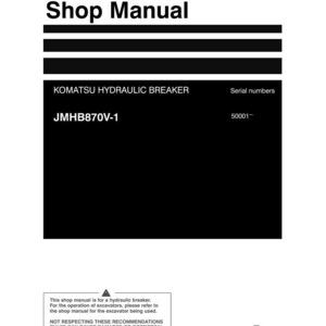 Op de afbeelding: Een werkplaatshandboek voor een Komatsu hydraulische hamer. De omslag is wit met zwarte tekst, waaronder "Shop Manual" en "KOMATSU HYDRAULIC BREAKER". Het modelnummer JMHB870V-1 is ook zichtbaar.