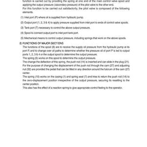 May include: Text from a technical document titled "2. FUNCTION". The text describes the fundamental functions of a pilot valve, including inlet and output ports, tank port, and mechanical components. It also details the functions of major sections, such as the spool and springs.