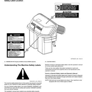 May include: Line drawing of a John Deere machine component with safety labels. The image includes warning and caution labels, along with text explaining safety procedures and the location of safety labels. The text includes the words "WARNING" and "CAUTION".