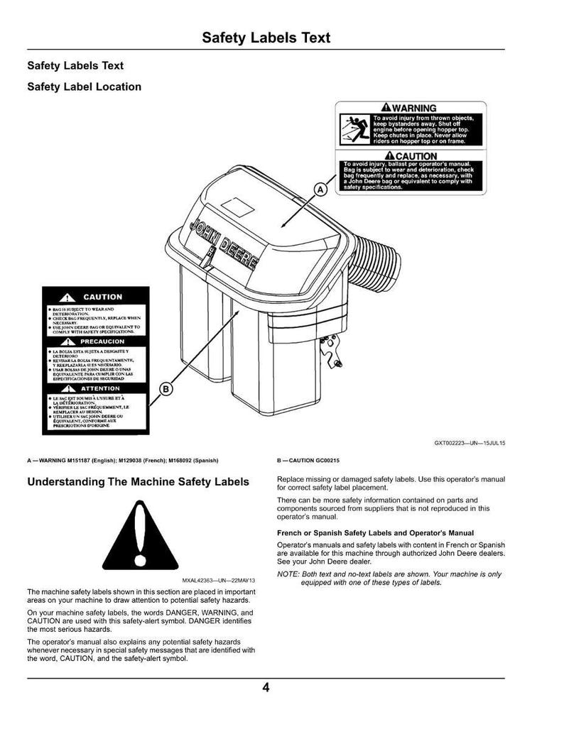 May include: Line drawing of a John Deere machine component with safety labels. The image includes warning and caution labels, along with text explaining safety procedures and the location of safety labels. The text includes the words "WARNING" and "CAUTION".