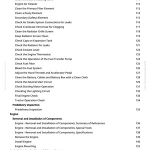 Puede incluir: Una p&aacute;gina de manual con una lista de procedimientos de mantenimiento e inspecci&oacute;n del motor. El texto incluye elementos como "Prueba preliminar del motor", "Verificar el nivel del refrigerante" y "Retirar el motor".