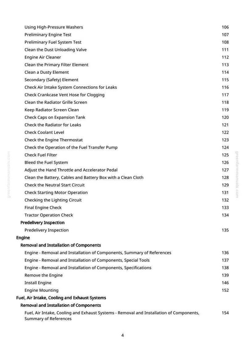 Puede incluir: Una p&aacute;gina de manual con una lista de procedimientos de mantenimiento e inspecci&oacute;n del motor. El texto incluye elementos como "Prueba preliminar del motor", "Verificar el nivel del refrigerante" y "Retirar el motor".