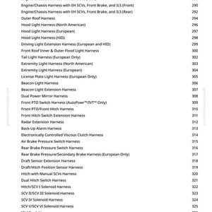 May include: A white page with a list of vehicle harness types and related components. The list includes Engine/Chassis Harness, Hood Light Harness, and Transmission Harness, with page numbers on the right.