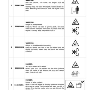 K&ouml;nnte beinhalten: Ein Sicherheitsinformationsblatt mit Warnungen und Gefahrenhinweisen. Das Blatt enth&auml;lt Text und Symbole, die auf potenzielle Gefahren wie hei&szlig;e Oberfl&auml;chen, Verwicklungen und Quetschungen hinweisen. Ausgabe 05-2015.