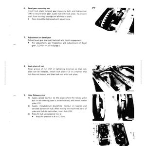 Pu&ograve; includere: Una pagina di un manuale che descrive lo smontaggio e il montaggio di un ingranaggio conico e di un albero. Il testo include istruzioni per il montaggio dei dadi, la regolazione degli ingranaggi e l'installazione delle piastre di bloccaggio. Sono incluse immagini dei componenti.