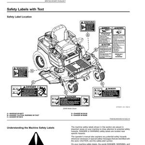 May include: Diagram of a Z540R model machine with safety labels. The labels include warnings and danger symbols, with text such as "Rotating Blade" and "Remove Bolt". The document also includes the text "Safety Labels with Text".