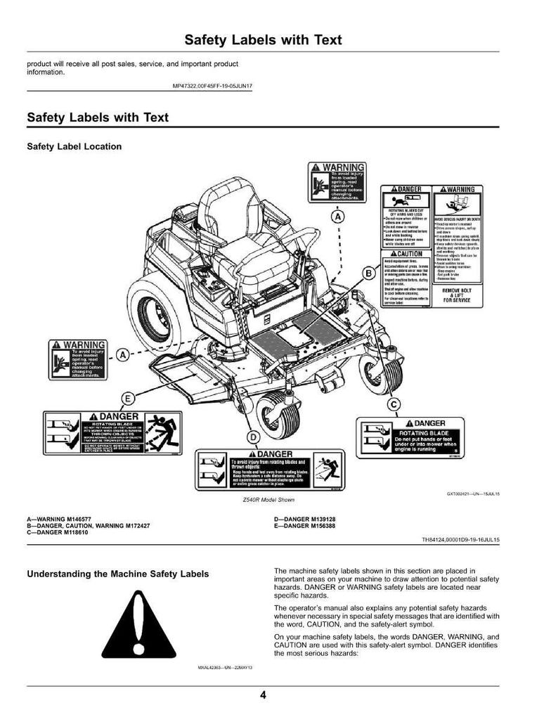 May include: Diagram of a Z540R model machine with safety labels. The labels include warnings and danger symbols, with text such as "Rotating Blade" and "Remove Bolt". The document also includes the text "Safety Labels with Text".