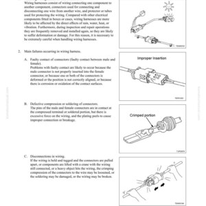 May include: A technical diagram from a manual detailing precautions for handling electrical equipment. The image includes illustrations of wiring harnesses, connectors, and potential failure points, such as improper insertion and crimped portions. Text includes troubleshooting steps.
