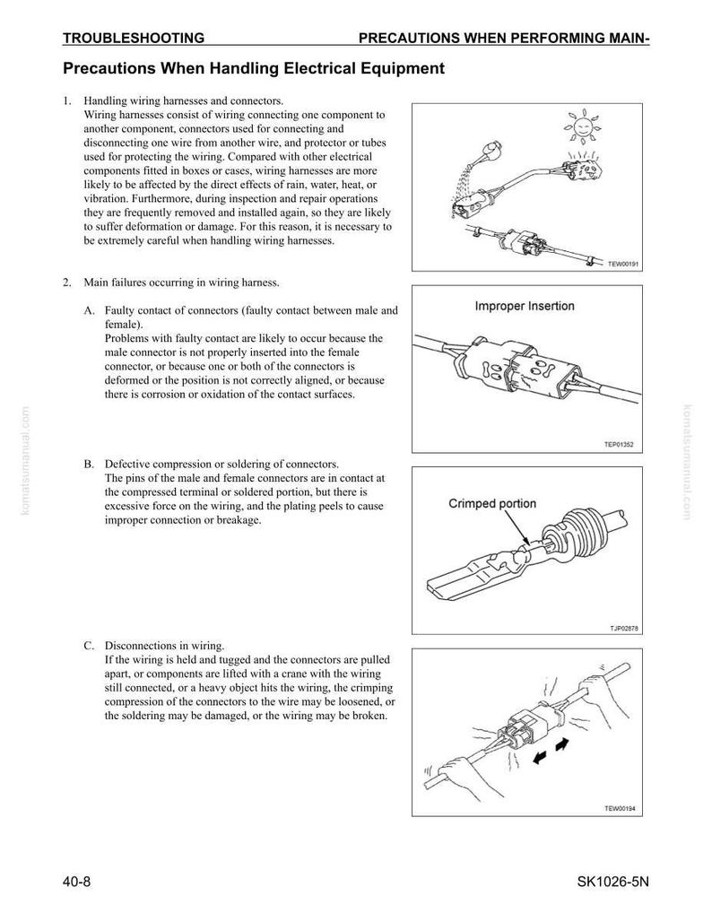 May include: A technical diagram from a manual detailing precautions for handling electrical equipment. The image includes illustrations of wiring harnesses, connectors, and potential failure points, such as improper insertion and crimped portions. Text includes troubleshooting steps.