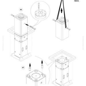 May include: Diagram of a mechanical component with multiple views, including an exploded view. The component is a rectangular block with cylindrical features, shown with arrows indicating assembly steps. Text includes "321 kg 708 lb" and "KOMATSU".