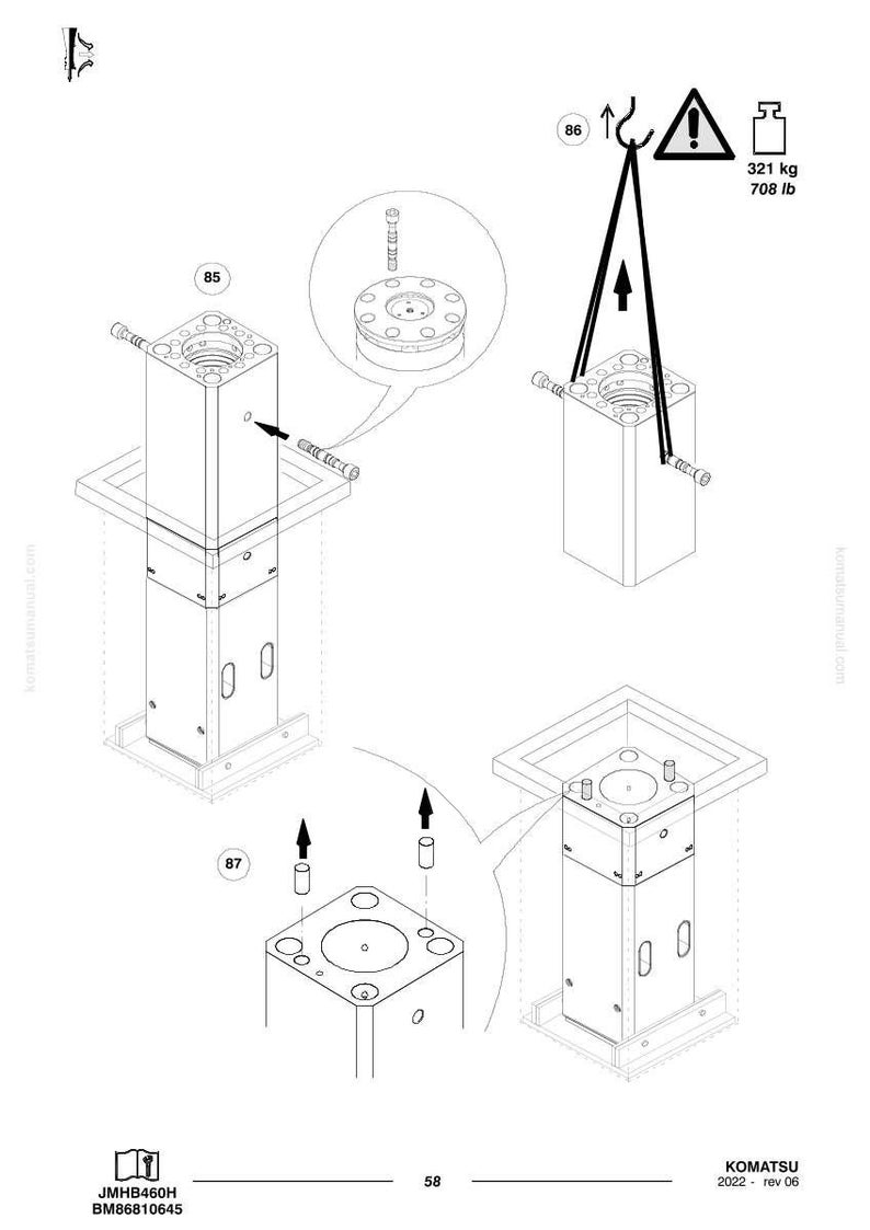 May include: Diagram of a mechanical component with multiple views, including an exploded view. The component is a rectangular block with cylindrical features, shown with arrows indicating assembly steps. Text includes "321 kg 708 lb" and "KOMATSU".