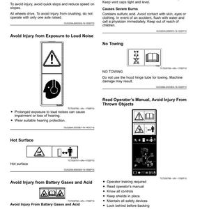 May include: A page of safety labels with warning symbols and text. Includes warnings about loud noise, hot surfaces, battery acid, and thrown objects. The labels advise on avoiding injury and provide safety instructions.
