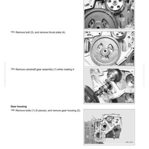 May include: Page from an engine assembly manual, showing detailed diagrams and instructions. The images focus on components like gears, bolts, and a camshaft. The text provides step-by-step guidance for disassembly and assembly.