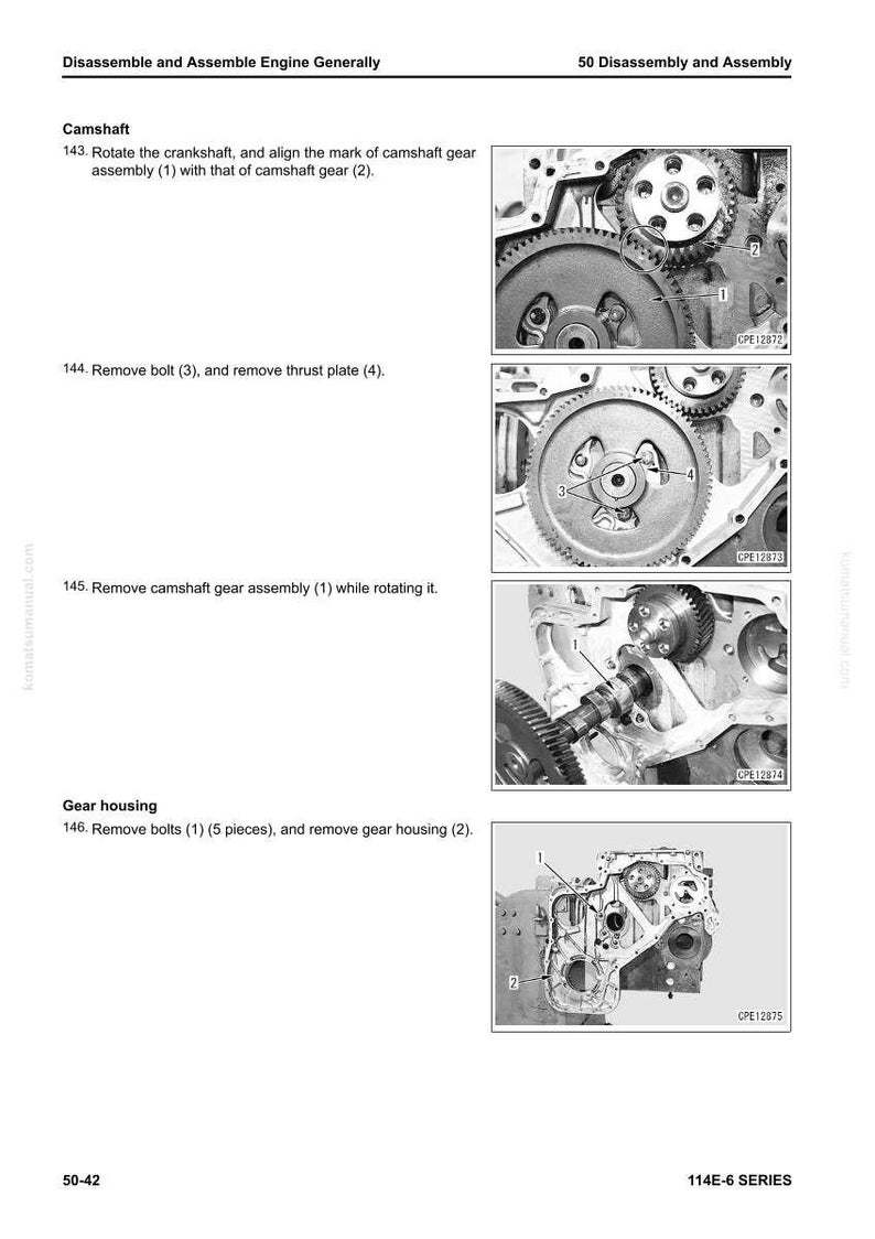 May include: Page from an engine assembly manual, showing detailed diagrams and instructions. The images focus on components like gears, bolts, and a camshaft. The text provides step-by-step guidance for disassembly and assembly.