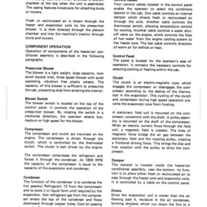 May include: A page from a manual detailing the components and operation of a vehicle's air conditioning system. The text describes parts like the compressor, condenser, and control cables, with diagrams and technical specifications.