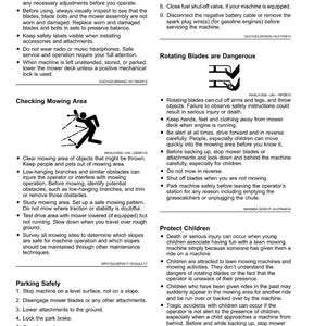 May include: A page from a safety manual for a lawn mower, with sections on safety, checking the mowing area, and parking safely. The manual includes warnings about rotating blades and protecting children, with illustrations and numbered instructions.