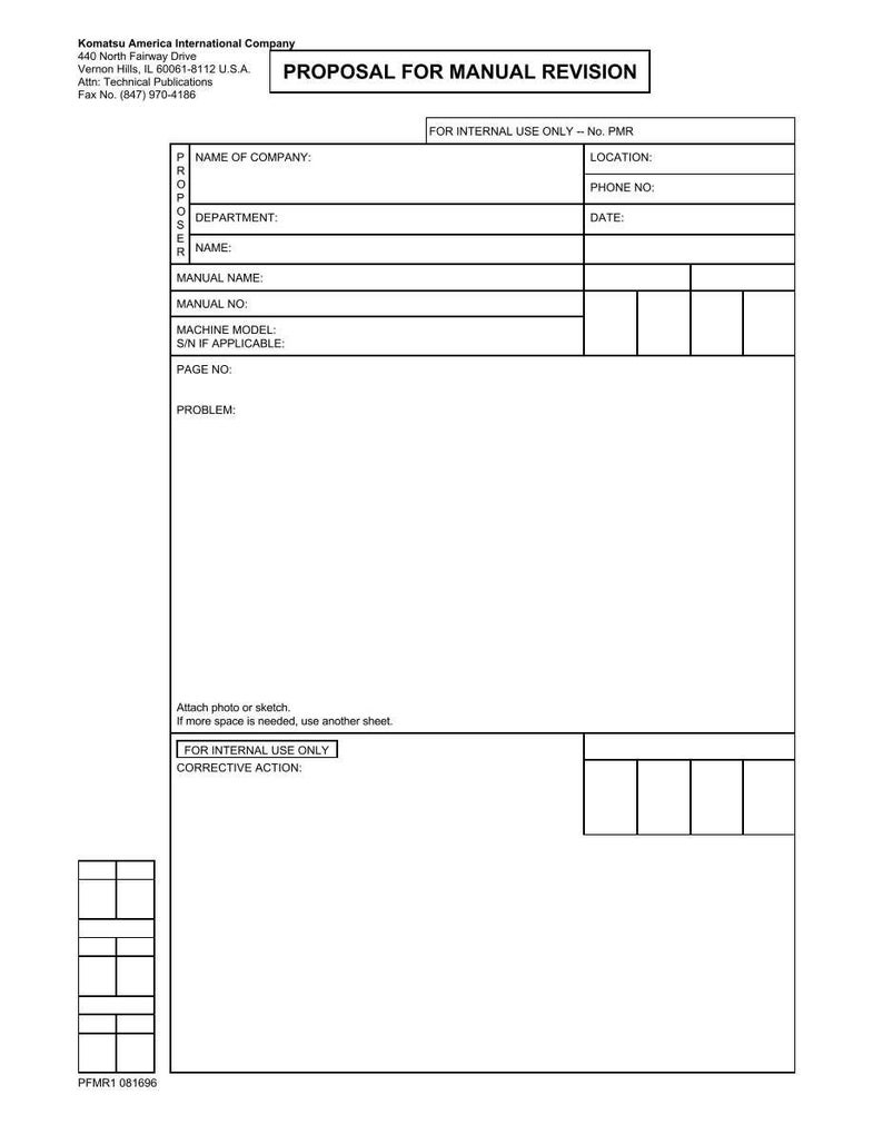 Puede incluir: Un documento blanco titulado "PROPUESTA DE REVISI&Oacute;N MANUAL" de Komatsu America International Company. El documento incluye campos para el nombre de la empresa, el departamento, los detalles del manual y una secci&oacute;n para la descripci&oacute;n del problema y la acci&oacute;n correctiva.