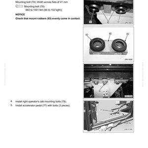 May include: Diagrams from a manual detailing the removal and installation of an operator cab assembly. The images show the installation of collars, rubber collars, mount rubbers, and mounting bolts. The text includes measurements in millimeters and Newton meters.