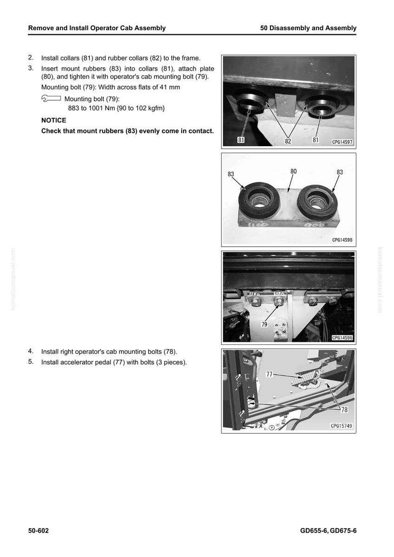 May include: Diagrams from a manual detailing the removal and installation of an operator cab assembly. The images show the installation of collars, rubber collars, mount rubbers, and mounting bolts. The text includes measurements in millimeters and Newton meters.