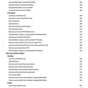 Pode incluir: Uma p&aacute;gina de manual com um sum&aacute;rio. O texto inclui se&ccedil;&otilde;es sobre reparo da TDP, dire&ccedil;&atilde;o e freios, com n&uacute;meros de p&aacute;gina &agrave; direita. A p&aacute;gina &eacute; branca com texto preto, t&iacute;pico de documenta&ccedil;&atilde;o t&eacute;cnica.
