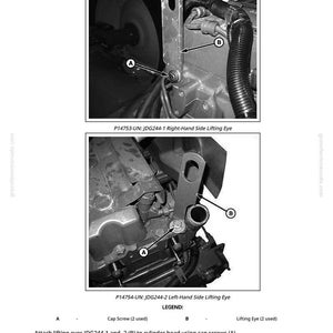 Op de afbeelding: Diagram van motoronderdelen met labels. Bevat twee afbeeldingen met de rechter- en linkerhefogen. De tekst luidt: "P14753-UN: JDG244-1 Right-Hand Side Lifting Eye" en "P14754-UN: JDG244-2 Left-Hand Side Lifting Eye". De legenda toont cilinderkopschroeven en hefogen.