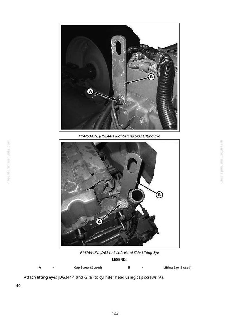Op de afbeelding: Diagram van motoronderdelen met labels. Bevat twee afbeeldingen met de rechter- en linkerhefogen. De tekst luidt: "P14753-UN: JDG244-1 Right-Hand Side Lifting Eye" en "P14754-UN: JDG244-2 Left-Hand Side Lifting Eye". De legenda toont cilinderkopschroeven en hefogen.