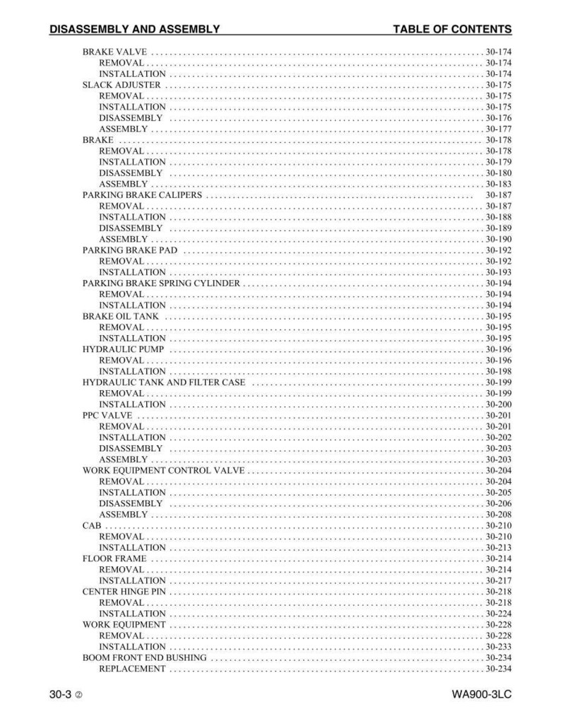 May include: A detailed table of contents from a manual, listing disassembly and assembly procedures for various mechanical components. The text includes terms like "Removal," "Installation," and "Assembly."