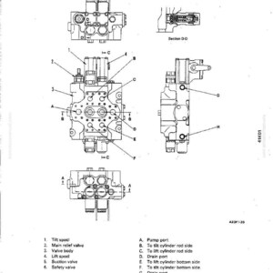 May include: Diagram of a main control valve (2-spool) with multiple views and labels. Includes a top view, side view, and cross-section, with labels for tilt spool, relief valve, valve body, lift spool, suction valve, and safety valve.