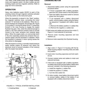Pu&ograve; includere: Schema di un sistema di avviamento elettrico a 24 VDC, che include un motorino di avviamento, viti, rondelle e un solenoide. Il testo fornisce dettagli sulle procedure di rimozione e installazione del motore, con passaggi numerati ed etichette dei componenti.