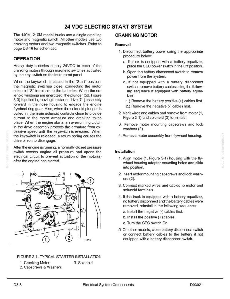 Pu&ograve; includere: Schema di un sistema di avviamento elettrico a 24 VDC, che include un motorino di avviamento, viti, rondelle e un solenoide. Il testo fornisce dettagli sulle procedure di rimozione e installazione del motore, con passaggi numerati ed etichette dei componenti.